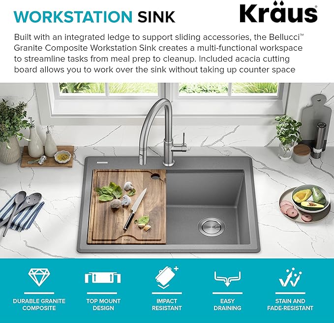 KRAUS Bellucci 28-inch Granite Workstation Drop In Top Mount Single Bowl Kitchen Sink in Metallic Grey with Accessories, KGTW12-28MGR