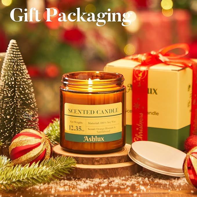 Orange Blossom and Sandalwood Candle,12.35oz Scented Candles with 8% Essential Oils,70 Hour Burn Time Soy Wax Candles for Home Decor,Reading,Jar Candle Gifts for Women and Men