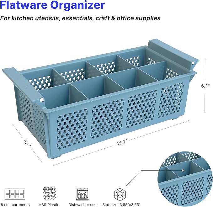 PROLISOK Flatware Rack – 8-slot Plastic Cutlery Basket – Large 16" Organizer for Knives, Forks, Spoons, Silverware, Kitchen Utensils, Essentials, Craft & Office Supplies – Dishwasher Basket