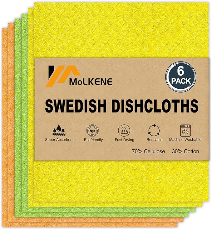 MoLKENE Swedish Dishcloths for Kitchen | 6 Pack Dish Towels Cellulose Sponge Cloths | Non-Scratch Reusable Paper Towels Washable | No Odor Fast Drying Swedish Cloths, Multicolor