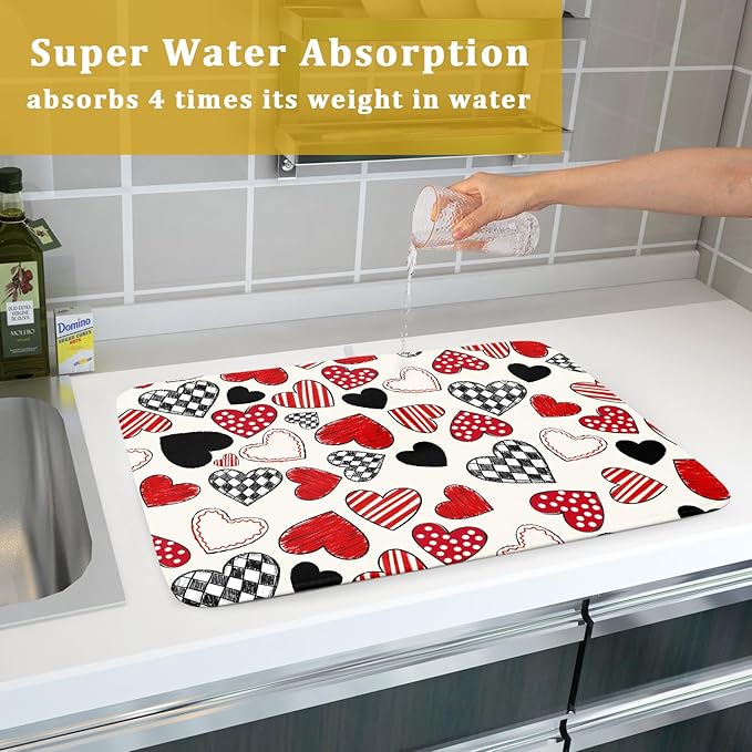 Valentines Day Dish Drying Mat for Kitchen Counter 24x18 Inch Red Heart Drying Mat with Absorbent Reversible Microfiber Holiday Love Dish Drainer Mats Rack Pad for Coffee Countertop Protector