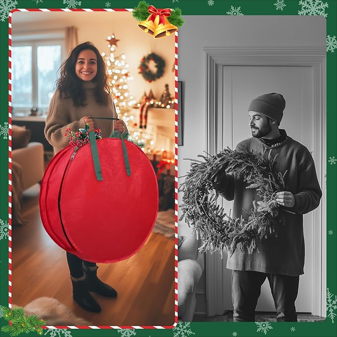 Wreath Storage Container, 2 Park Stacking Christmas Wreath Storage Bags with Dual Zipper and Handles, Dust, Pest Protection,Holiday Wreaths Storage Holder 30” (RED)