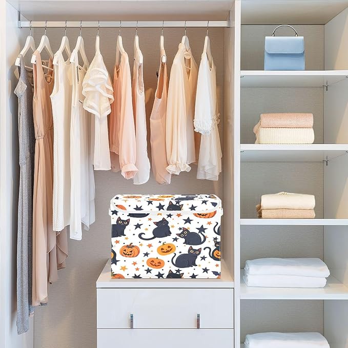 Bolaz Storage Bins with Lids and Handles,Black Cat Pumpkin Pattern Storage Box Basket with Cover Collapsible Organizer Containers for Home Closet, Shelves