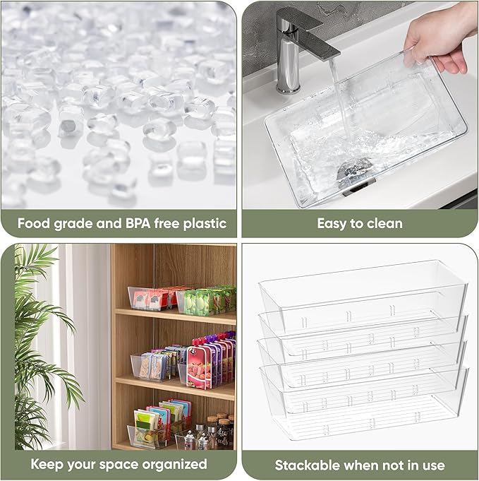 BALEINE Clear Plastic Storage Bins with 3 Removable Dividers, Pantry Organization, BPA Free Stackable Refrigerator Organizers and Storage for Kitchen Fridge Cabinet Bathroom (10.5x6.1x3.5, 4PK)