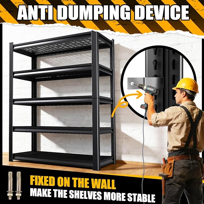 5-Tier 72”H Garage Shelving, Adjustable Garage Shelves, 3000 Lbs Storage Shelves Heavy Duty, Garage Shelf for Tool Organization, Storage Shelves for Basement, Warehouse, Black (72''H×59''W×19.8''D)