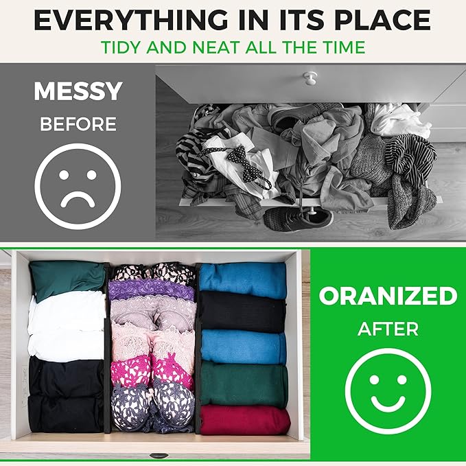 4 Pack Bamboo Kitchen Drawer Dividers with Inserts 2.6" High, Adjustable from 12.5 Inch to 21.7 Inch Drawer Organizers, Expandable Drawer Separators for Clothes, Bedroom, Dresser, Office (Black)