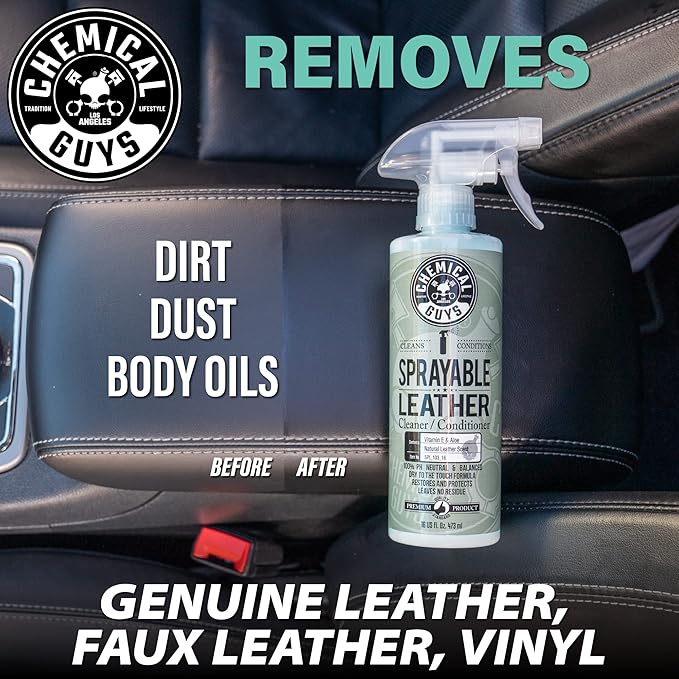 Chemical Guys SPI_103 Sprayable Leather Cleaner and Conditioner in One for Interiors, Apparel, and More (Works on Natural, Synthetic, Pleather, Faux Leather and More) Leather Scent, 128 fl oz (1 Gal)