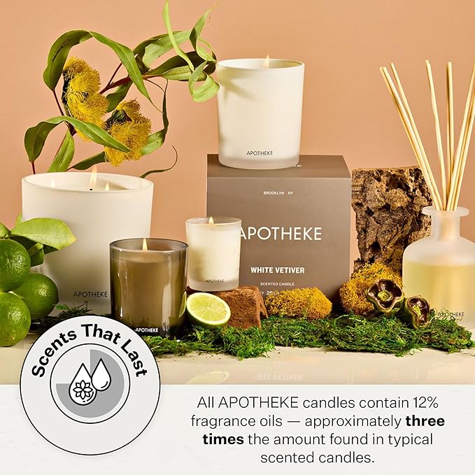 Apotheke Luxury Scented Candles for Home, White Vetiver - Petite Aromatherapy Jar Candle with Soy Wax Blend