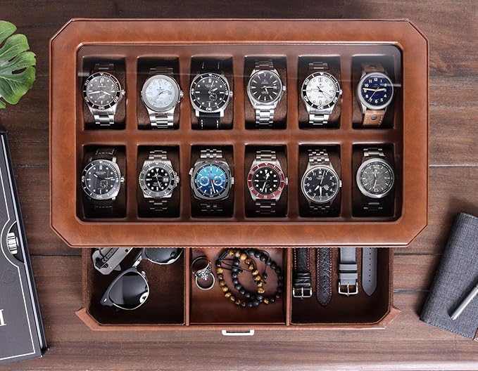 ROTHWELL 12 Slot Leather Watch Box with Valet Drawer - 12 Slot Luxury Watch Case Display Organizer, Microsuede Liner, Mens Accessories Holder, Jewelry Case, Jewelry Display Organizer (Tan/Brown)