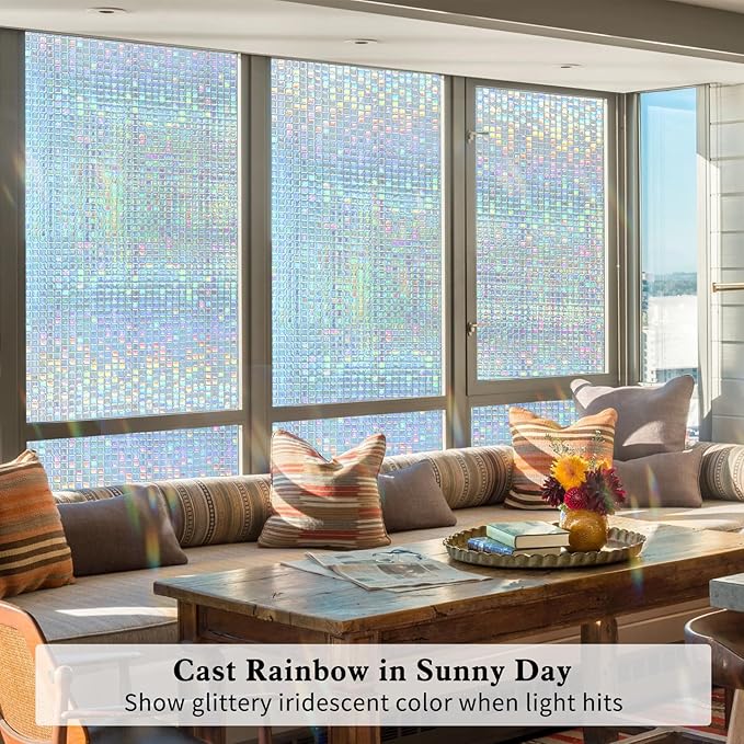 Privacy Window Film Stained Glass Non-Adhesive Rainbow Window Film Home Decorative Vinyl Static Cling Window Stickers Window Covering for Glass Door Bedroom Office