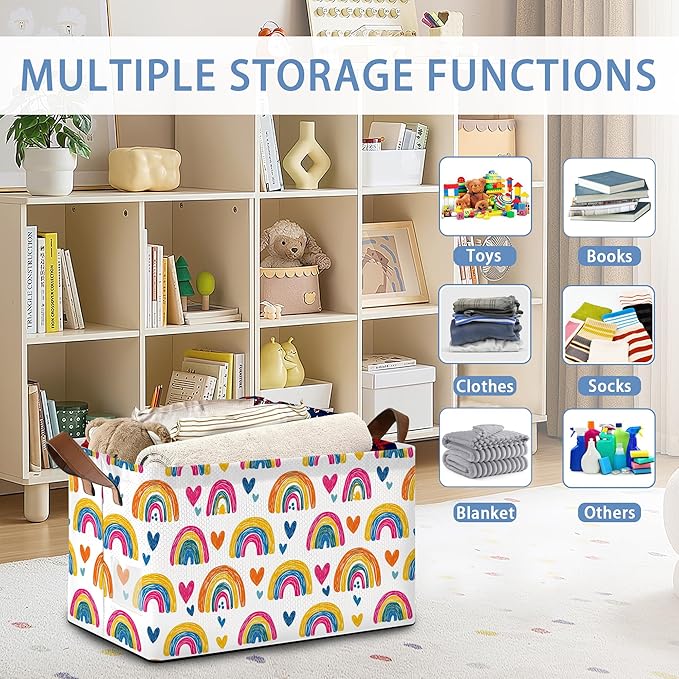 Rainbow Storage Baskets,Heart Foldable Organizer Bin with Handles for Home Living Room Bedroom Closet Box 17x11.5x10Inch