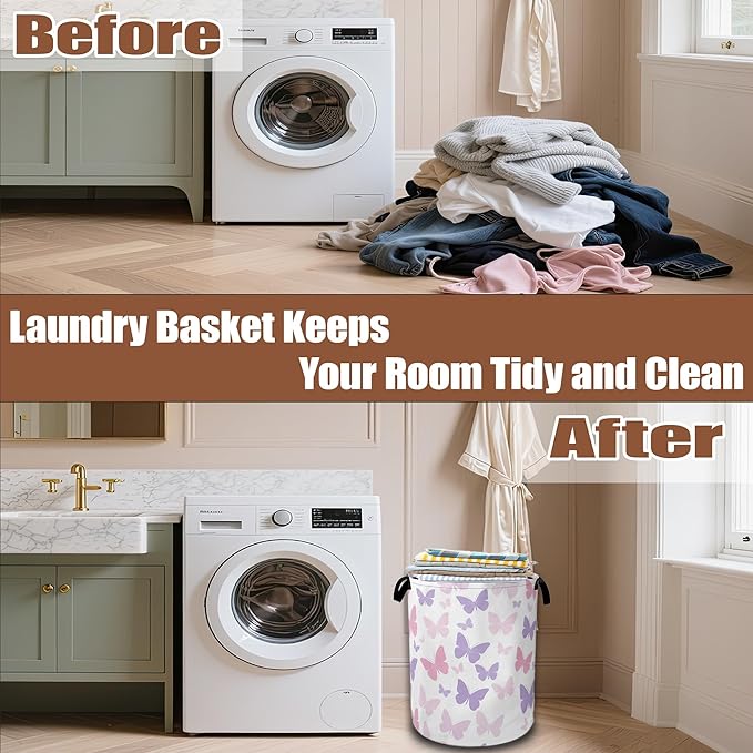 Butterfly Laundry Basket,Waterproof Foldable Pink Purple Butterflies Laundry Hamper,Dirty Clothes Basket, Linen Bin Storage Organizer Collection 16" x 20.8"
