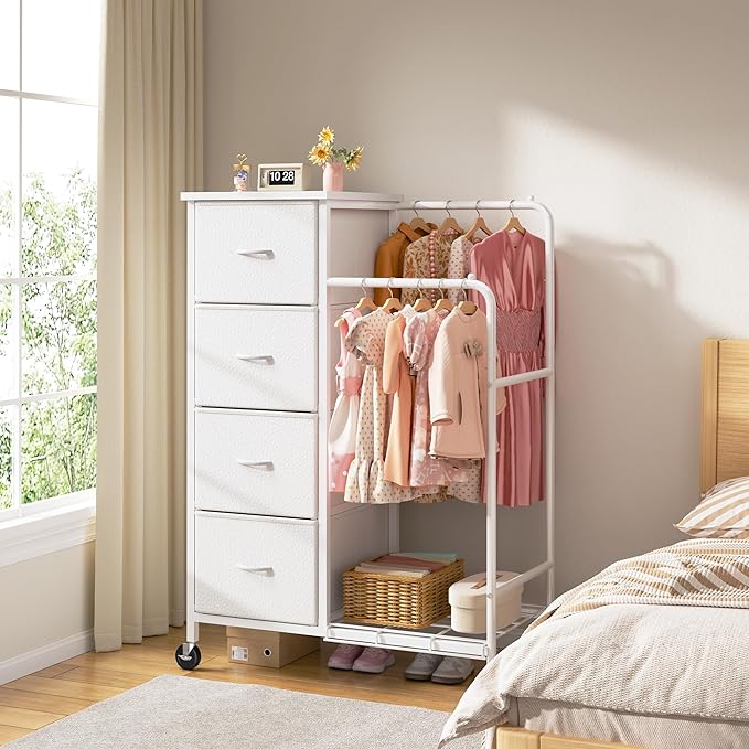 47.3" H Dresser with Hanging Rack, 4 Fabric Drawers with Double Clothes Rack & Wheels, Tall Closet Organizer Dresser for Bedroom, Entryway, White, 15.8" D x 29.9" W x 47.3" H