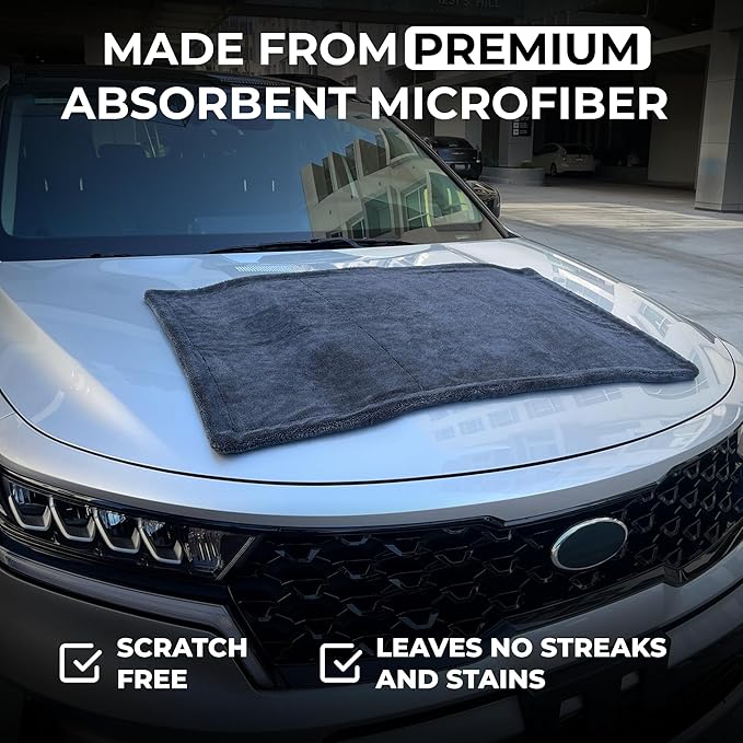 WEST BROS Large Car Drying Towel, 1300 GSM Professional Car Towel with Double Twisted Loop,Super Absorbent Large Microfiber Drying Towels for Cars, Trucks, SUVs - 20"x26", Gray