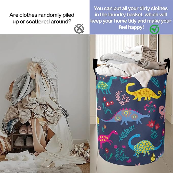 Cute Cartoon Dinosaur Laundry Hamper Large Canvas Fabric Lightweight Storage Basket/Dirty Clothes Collapsible Waterproof for College Dorms, Boys and Girls Bedroom,Bathroom