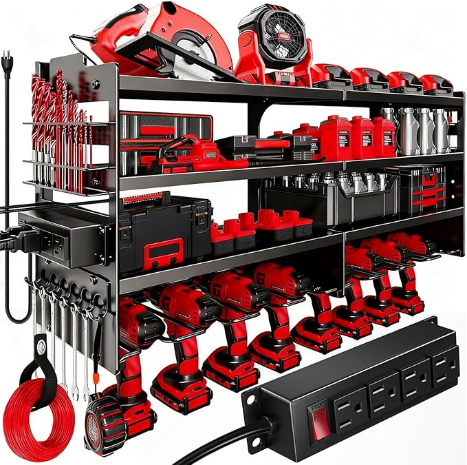 33" W Power Tool Organizer with Charging Station, 4 Layers Heavy Duty Metal Tool Storage Rack Wall Mount 8 Cordless Drill Holder with 4 Power Strip, Battery Organizer for Garage, Workbench,Tool Room