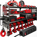 33" W Power Tool Organizer with Charging Station, 4 Layers Heavy Duty Metal Tool Storage Rack Wall Mount 8 Cordless Drill Holder with 4 Power Strip, Battery Organizer for Garage, Workbench,Tool Room