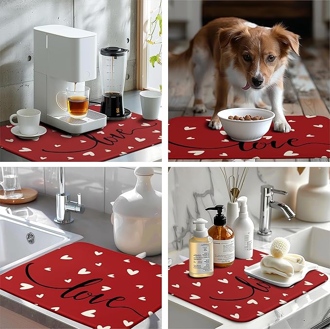 Wnoesat Valentines Day Dish Drying Mat 18x24 Inch Valentine Red Love Heart Drying Mats for Kitchen Counter Super Absorbent Microfiber Large Dish Drying Pad Heat Resistant Dish Draining Rack Mat