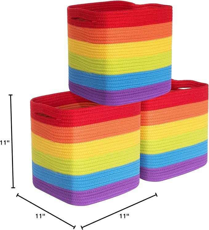 MINTWOOD Design 3-Pack 11x11 Inch Cube Storage Bin, Woven Storage Cube Organizer, Closet Organizer, Cute Square Storage Bins, Decorative Classroom Bathroom Pantry and Shelf Baskets, Rainbow