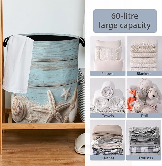 Starfish Seashell Laundry Basket,Vintage Wooden Oxford Cloth Laundry Hamper with Handle Foldable Portable Clothes Storage Basket for Bathroom Bedroom Dorm Room 16" x 20.8"