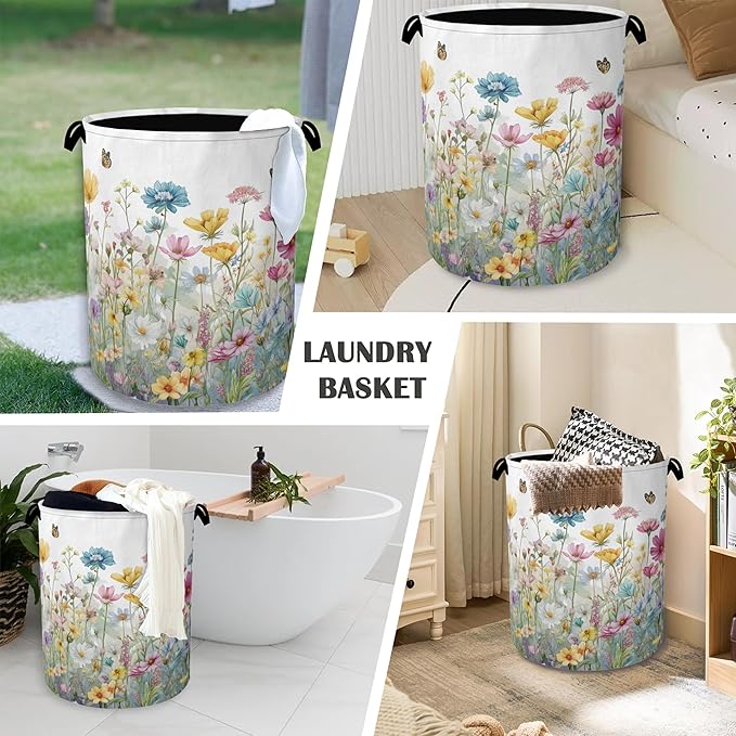 Wildflowers Laundry Basket,Garden Botanical Butterfly Oxford Cloth Laundry Hamper with Handle Foldable Portable Clothes Storage Basket for Bathroom Bedroom Dorm Room 16" x 20.8"