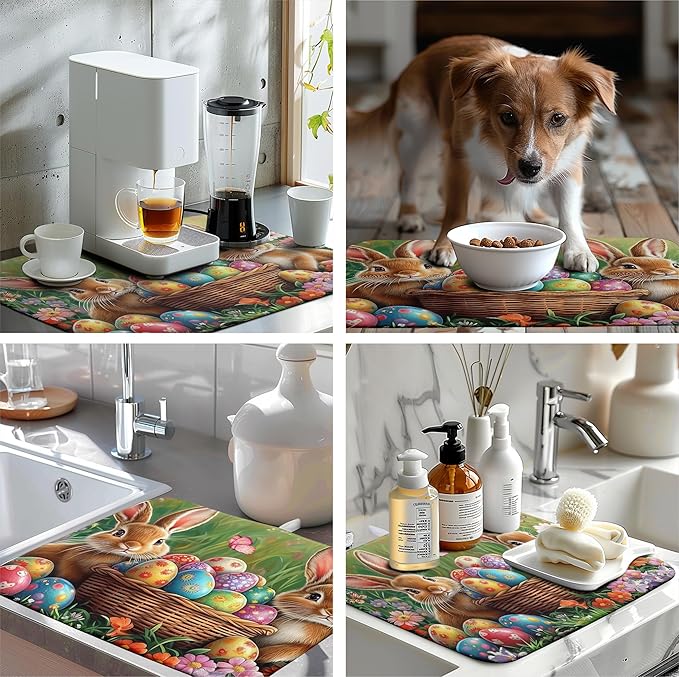 Wnoesat Easter Bunny Eggs Dish Drying Mat for Kitchen Counter 18x24 Inch Spring Easter Rabbit Flowers Large Drying Mat Microfiber Dish Drainer Rack Mats Absorbent Reversible Dishes Pad Dish Dryer Mat