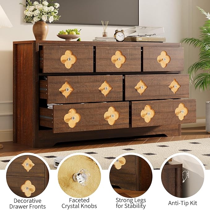 Garvee Dresser for Bedroom with 7 Decorative Front Drawers, 54'' Wide Chest of Drawers with Large Clothes Storage Cabinet, Wood Bedroom Dresser, TV Stand for Nursery, Living Room, Hallway, Brown