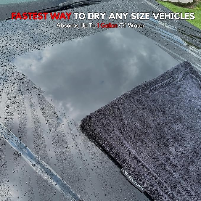 Detail Demands Extra Large Car Drying Towel - 1400 GSM Edgeless Twisted Loop Design - 70/30 Blend Microfiber Towels for Cars, Trucks, SUVs - Superior Absorption, Streak-Free - 24" x 36", Black