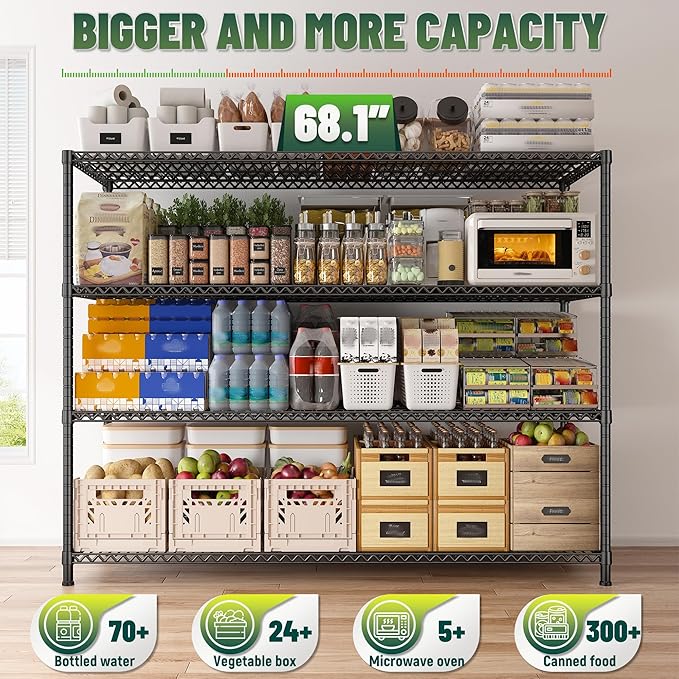 DurayLoly 68''W Storage Shelves 2500LBS Wire Shelving Unit, Adjustable Garage Shelving Heavy Duty, Metal Shelving for Garage, Pantry, Kitchen, Basement, Commercial Industrial,68.1"W x 20.9"D x 70.9"H