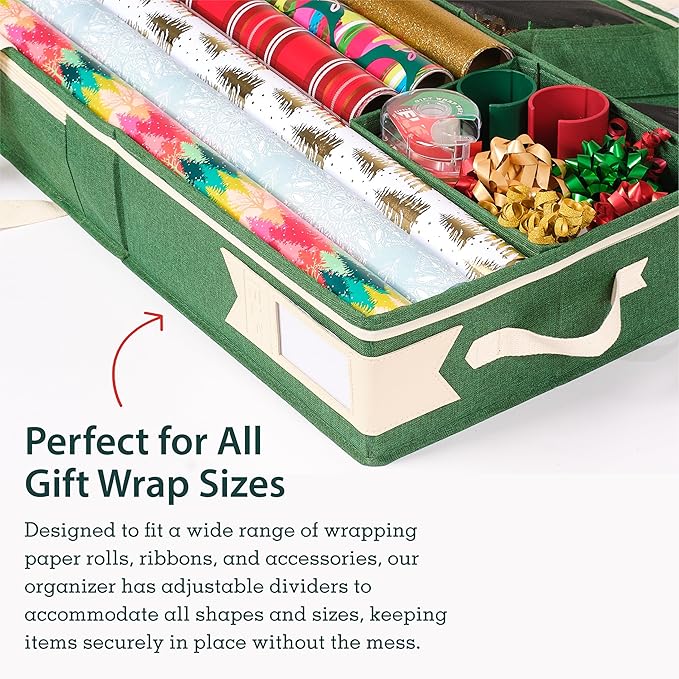 Little ELF Premium Wrapping Paper Storage Organizer, Easy to Carry, 6 Individual Pockets for Christmas Gift Wrap Supplies, Lightweight and Sturdy