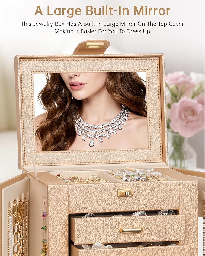 AKOZLIN Jewelry Box 6-Tier Organizer Functional 360° Rotating Jewelry Storage Case for Women Girls Ring Necklace Earring Bracelet Holder with Mirror