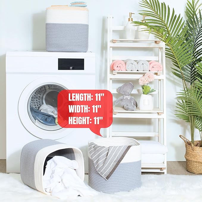 MINTWOOD Design 3-Pack 11x11in Woven Cube Storage Bin and Shelf Baskets, Cute Decorative Square Organizer for Closet, Classroom, Bathroom, Dog and Cat Toys, and Books, Grey