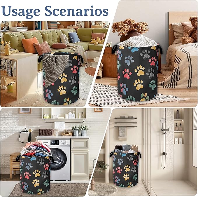 Cute Cat Dog Paw Prints Laundry Basket,Foldable Oxford Cloth Laundry Hamper With Handle, 20.8"x16" Portable Clothes Storage Basket Bag for Laundry Room/Bathroom/Bedroom/Dormitories
