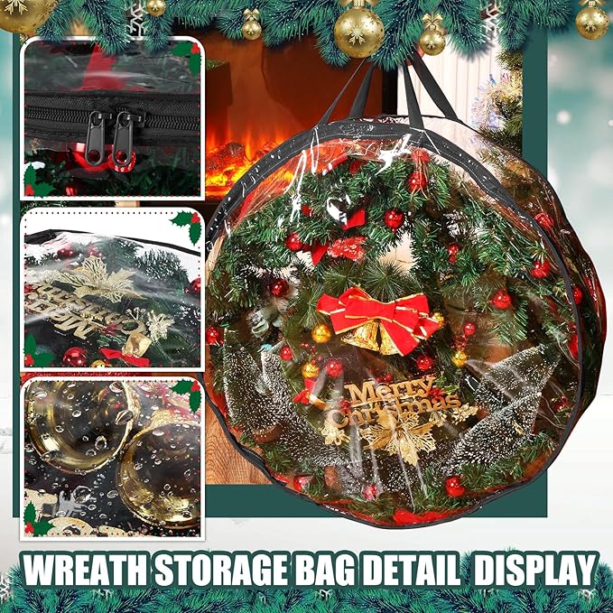 Shappy 14 Pieces Christmas Wreath Storage Container 30 Inch Wreath Plastic Storage Bags with Dual Zippers and Handles for Xmas Thanksgiving Holiday Artificial (Clear,Black)