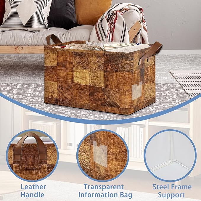 Vintage Wood Grain Storage Baskets,Barn Wooden Foldable Large Capacity Organizer Bins with Waterproof Lining and Leather Handles for Closet,Shelf,Bedroom 17x11.5x10Inch