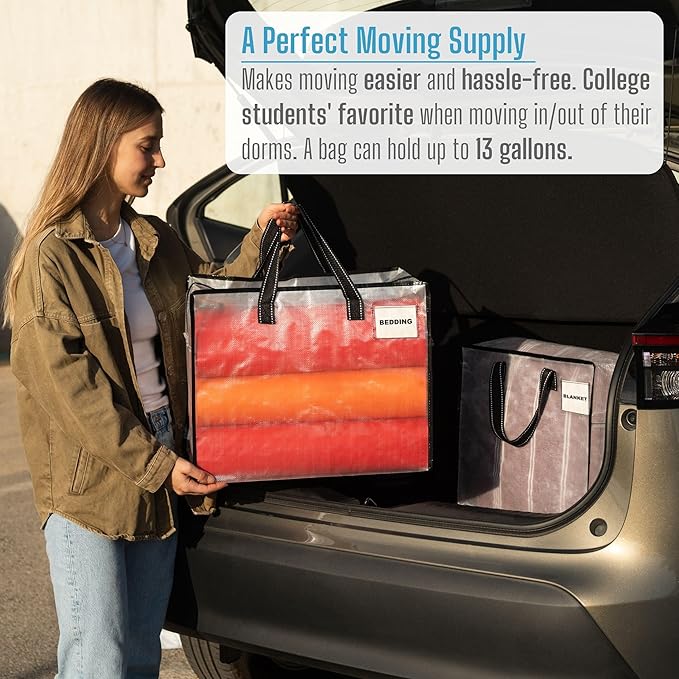 VENO 4 Pack Moving Bags, Christmas Storage Containers, Storage Totes, Zipper On Top, Sturdy, Storage Bags for Camping, Clothes, Bedding, Comforters, Pillows (13 Gallon Clear, 4 Pack)