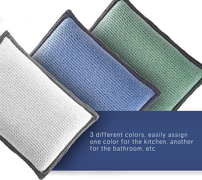 FAYINA 2-Sided Premium Microfiber Dish Sponge and Scrubber 3 Pack Variety - Heavy Duty Scouring Non-Scratch Multi-Surface
