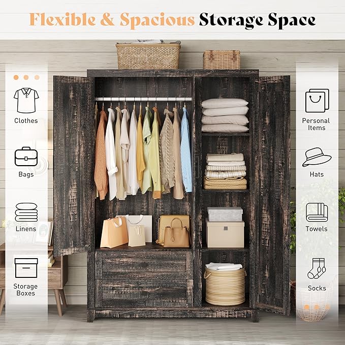 AMERLIFE Farmhouse 3 Door Wardrobe Closet with 2 Drawers & Hanging Rod, 47" Large Armoire Storage Cabinet with Adjustable Shelves, Freestanding Clothing Organizer for Bedroom, Black Oak