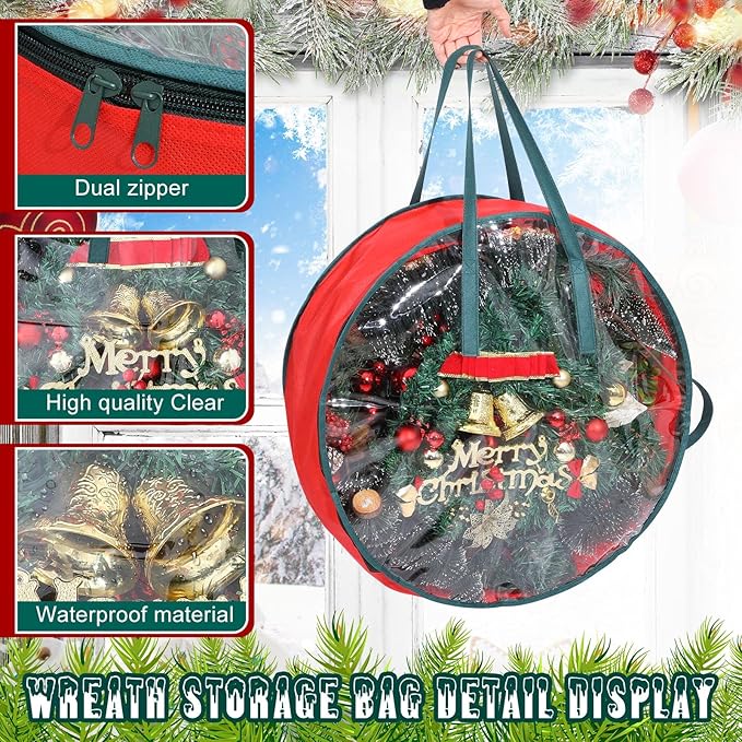 Shappy 4 Pcs Christmas Wreath Storage Bag Wreath Storage Container with Clear Window Plaid Box with Handles for Storing Garland Holiday Wrapping(Red,30 x 7 Inch)