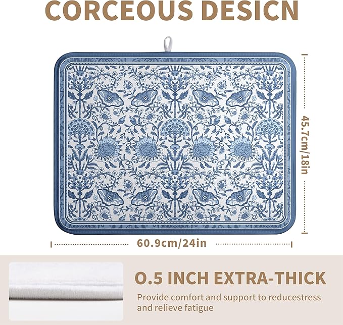 Blue Floral Dish Drying Mat for Kitchen Counter Boho Flowers Dishes Drainer Mats Rustic Farmhouse Microfiber Absorbent Dish Draining Spring Summer Reversible Dish Rack Pad Large 18x24 Inch
