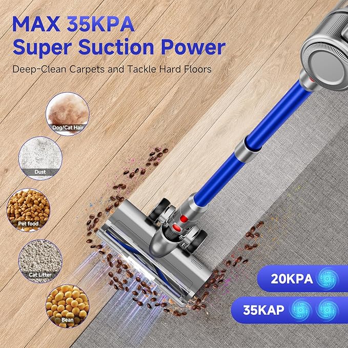 Vaconly Cordless Vacuum Cleaner, 8 in 1 40Kpa 55Mins,Lightweight Vacuum Cleaners for Home, Stick Vacuum with Anti-Tangle Brush,Wall Mount, Rechargeable Cordless Vacuum for Floor/Sofa/Pet Hair, Blue