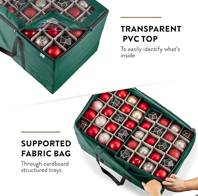ZOBER Christmas Ornament Storage Box - Stores 200 3" Ornaments with Individual Trays - Tear Proof 600D Oxford Fabric - ornament organizer storage box, Durable Christmas Containers Holder - Green