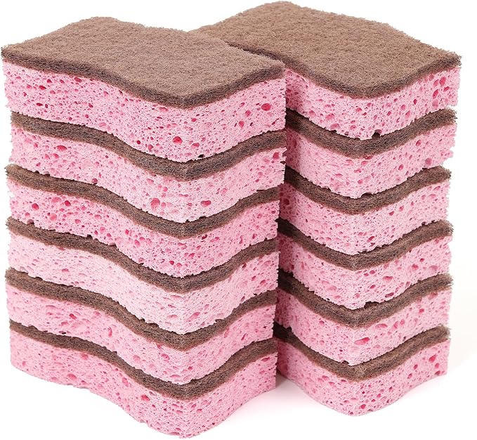 ELIVARA Kitchen Sponges – 12 Pack – Non-Scratch Dual-Sided Cellulose Scrub Sponges for Dishes, Pots, and Pans – Durable, Absorbent, and Reusable (Brown/Pink)