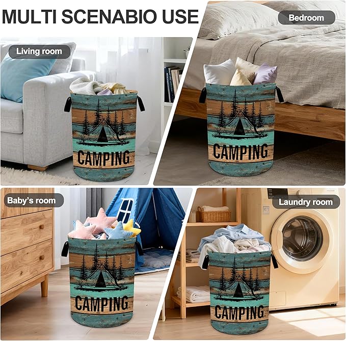 Wood Print Camping Laundry Basket Storage Bin Foldable Laundry Hamper Clothes Storage Bucket Organizer 19.6x15.7 Inch For Laundry Room/Bedroom/Bathroom