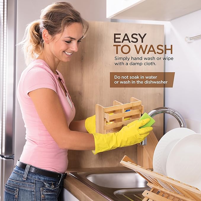 Bamboo Utensil Holder for Dish Rack - Flatware, Cutlery & Utensil Drying Caddy with Hooks - Fits BAMBUSI Bamboo Dish Drying Racks