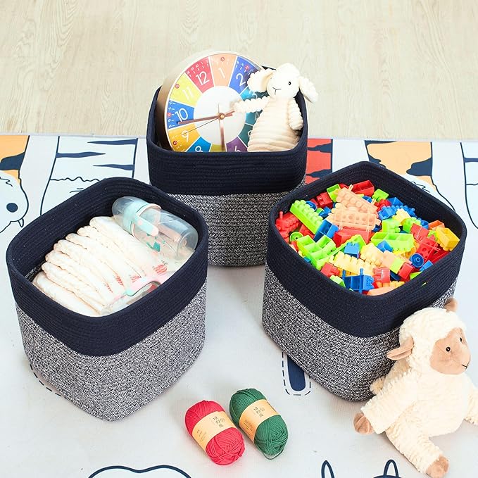 MINTWOOD Design 3-Pack 11x11in Woven Cube Storage Bin and Shelf Baskets, Cute Decorative Square Organizer for Closet, Classroom, Bathroom, Dog and Cat Toys, and Books, Navy Blue