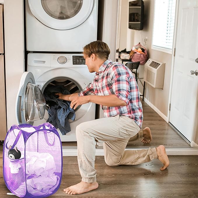 Buyongwant Collapsible Pop Up Laundry Hamper, Extra Large Mesh Foldable Laundry Basket Bag, 28" x 16" x 16", 2 Pack (Black + Purple)