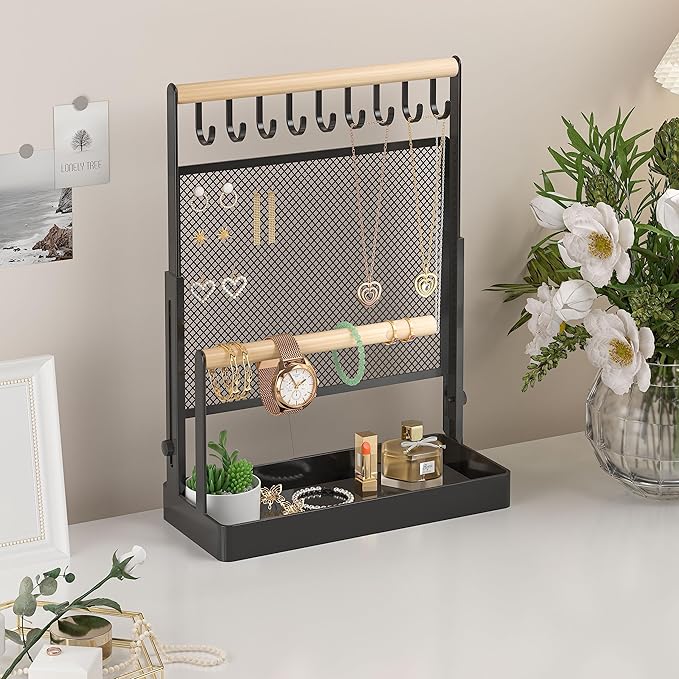 IOAIANIA Jewelry Organizer Stand, Liftable Necklace Holder with Earring Organizer Net, 9 Hooks Necklaces Storage Wooden Handing Bar for Bracelets Watches Rings (Black)