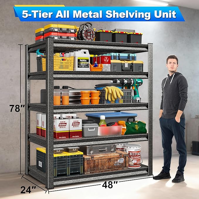 Rufokisa Garage Shelving Heavy Duty，Large Loads Adjustable Garage Storage Shelves, Metal Storage Racks and Shelving Units, Utility Rack Shelves,47.2”W x 24”D x 78”H,Silver