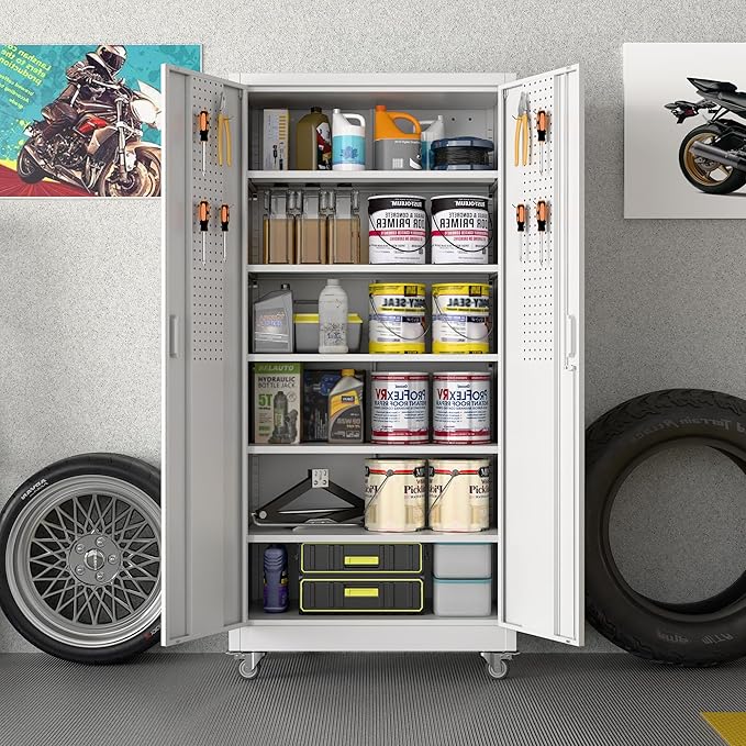 Metal Storage Cabinet with Pegboard,71" H Gargage Storage Cabinet with Whees,Doors and Shelves for Garage,Home Office,Required Assembly,White
